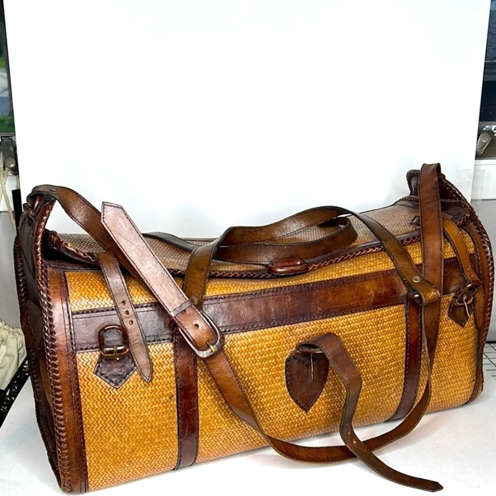 Leather Tightly Woven Wicker Extra Large Double Handle Shoulder Strap Travel Bag